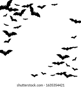 Evil black bats group isolated on white vector Halloween background. Rearmouse night creatures illustration. Silhouettes of flying bats traditional Halloween symbols on white.