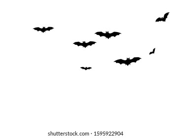 Evil black bats swarm isolated on white vector Halloween background. Flittermouse night creatures illustration. Silhouettes of flying bats vampire Halloween symbols on white.