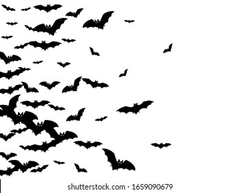 Evil black bats swarm isolated on white vector Halloween background. Flittermouse night creatures illustration. Silhouettes of flying bats vampire Halloween symbols on white.