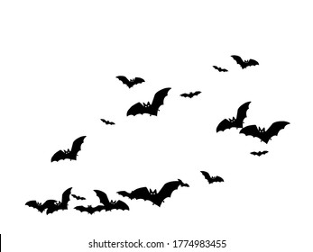 Evil black bats swarm isolated on white vector Halloween background. Flittermouse night creatures illustration. Silhouettes of flying bats vampire Halloween symbols on white.