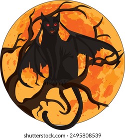 Evil black cat with wings sitting on branch halloween vector