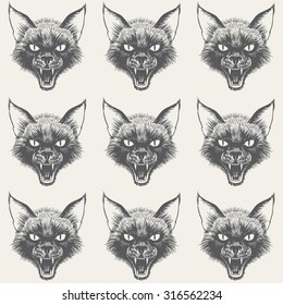 Evil black cat's head seamless vector pattern. Ink drawing. Scary black cat with open mouth and bared fangs. Grinning cat's muzzle.