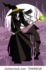 evil black dress witch with magic staff and crow bird on the night