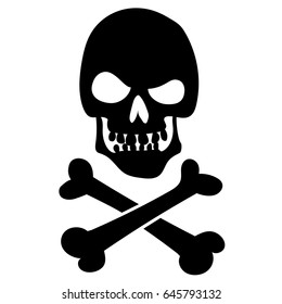 Evil black silhouette skull with angry view and crossbones. Pirate flag, jolly Roger. T-shirt print, vector design.