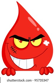Evil Blood Guy Grinning Over A Blank Sign.Vector Illustration