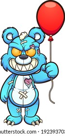 Evil blue teddy bear holding a red balloon. Vector clip art illustration. All on a single layer.
