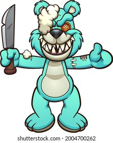 Evil blue Teddy bear holding a kitchen knife. Vector clip art illustration with simple gradients. All on a single layer. 
