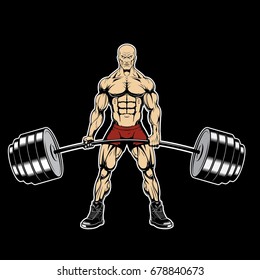 An evil bodybuilder lifts a very heavy barbell. Color vector illustration