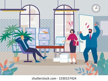 Evil Boss Chief and Shocked Executive Manager Shouting in Lazy Worker Procrastinating, Wasting Time, Delaying Work. Cartoon Business People Characters. Office Room Interior. Vector Flat Illustration