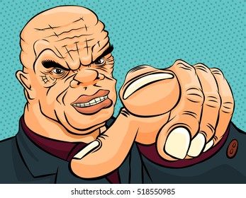 Evil boss pokes his finger. Retro style pop art. Vector illustration