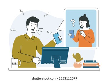 Evil boss scream at subordinate. Man yells at woman at workplace. Poor office atmosphere, ineffective work process, lazy employee. Linear vector illustration isolated on white background