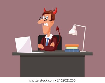 
Evil Boss Standing at His Desk Vector Cartoon illustration. Strict CEO acting mean and aggressive at the workplace 
