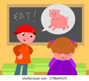 Evil boy annoys obese schoolgirl in classroom, cartoon vector illustration