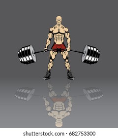 An evil brutal bodybuilder lifting a heavy barbell, on a gray background. Vector illustration