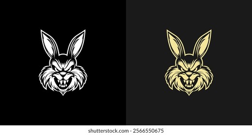 Evil brutal rabbit. Angry bunny mascot. Monochrome cartoon mascot logo. Vector template of rabbit emblem for gamers and streamers