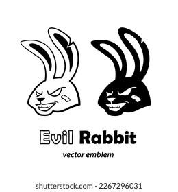 Evil brutal rabbit grins with a patch on the cheek. Monochrome cartoon mascot logo. Vector template of rabbit emblem for gamers and streamers