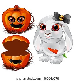 Evil Bunny with a carrot and a casket of pumpkin head. Sketch for greeting cards, posters or party invitations Halloween. Vector illustration.