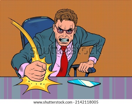 The evil businessman boss hits the table with his fist. Emotions in the office. Angry boss. Pop Art Retro Vector Illustration 50s 60s Vintage kitsch style