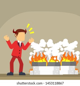 evil businessman burn paper vector illustration