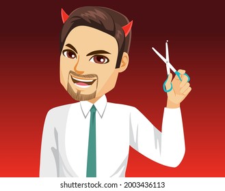 Evil businessman with devil horns holding scissors applying budget cuts concept