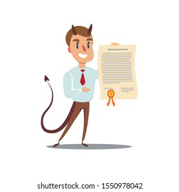 Evil businessman offering contract. Devil's contract. Vector illustration
