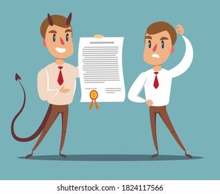 Evil businessman offering contract. Devil's contract. Vector illustration