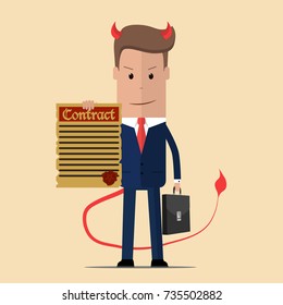 Evil businessman offering contract. Devil's contract. Vector illustration