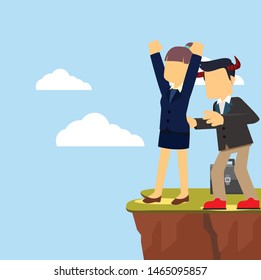 evil businessman push business woman into the abys