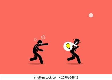 Evil businessman stealing business idea. Vector artwork illustration depicts the concept of business thief, copyright infringement, plagiarism , bad person, dishonest, underhand, and cheater. 