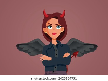 
Evil Businesswoman with Devil Horns and Tail Vector Cartoon Character. Mean bad corporate worker standing with arms crossed 
