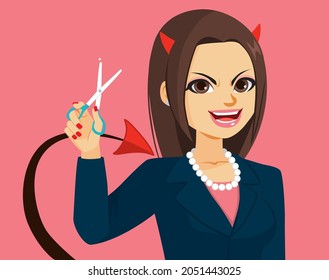 Evil businesswoman with red demon horns and tail holding scissors threatening