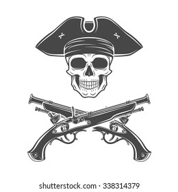 Evil captain skull in cocked hat vector. Jolly Roger logo template. death t-shirt design. Pistol insignia concept