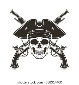 Evil captain skull in cocked hat vector. Jolly Roger logo template. death t-shirt design. Pistol insignia concept