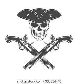 Evil captain skull in cocked hat vector. Jolly Roger logo template. death t-shirt design. Pistol insignia concept