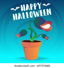 Evil carnivorous plant with teeth in flower pot with Happy Halloween lettering. Vector illustration