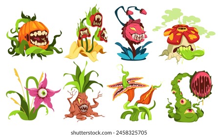 Evil carnivorous plants. Botanical scary monsters, fairytale toothy predatory flora, angry ugly flowers, fantasy characters. Creepy alien cartoon flat isolated illustration, tidy vector set