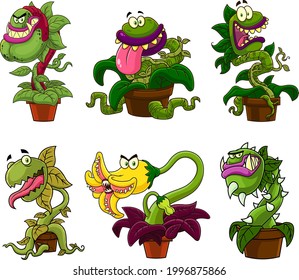 Evil Carnivorous Plants Cartoon Characters. Vector Collection Set Isolated On White Background