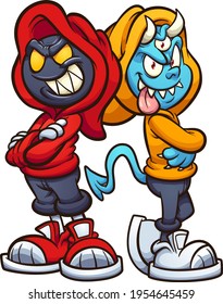 Evil cartoon characters wearing hoodies standing back to back. Vector clip art illustration with simple gradients. Each on a separate layer.
