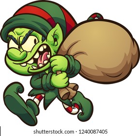 Evil cartoon Christmas elf, stealing presents. Vector clip art illustration with simple gradients. All in a single layer.

