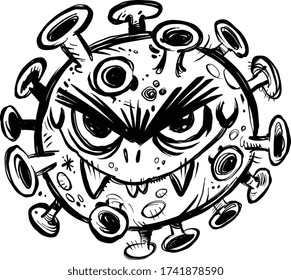 Evil cartoon disease virus with a nasty expression, fangs, and spores