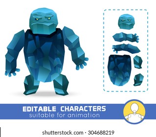 Evil cartoon ice rock monster editable elemental character. Neutral, negative or positive editable character. Suitable for animation, video and games. You can change color, position of body parts