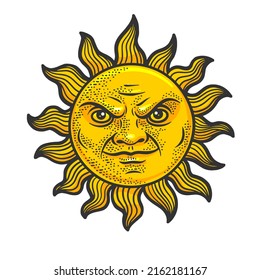 Evil cartoon sun color sketch engraving vector illustration. T-shirt apparel print design. Scratch board imitation. Black and white hand drawn image.