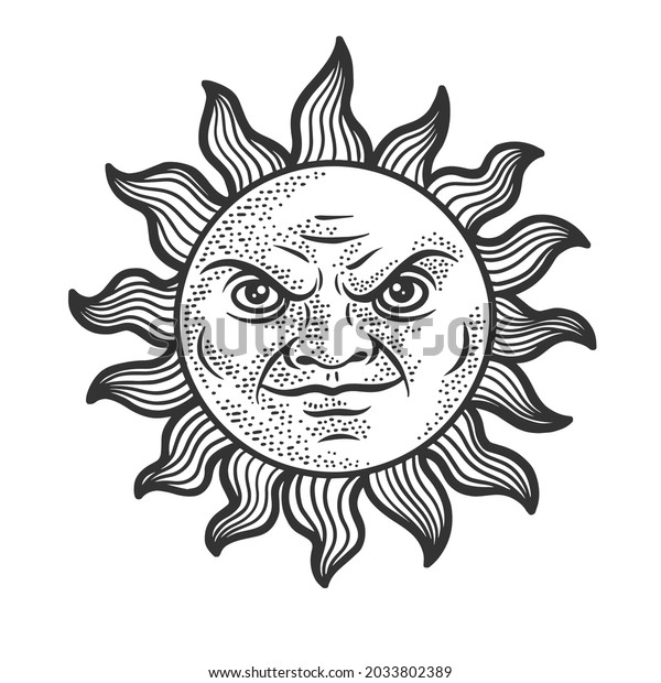 Evil Cartoon Sun Sketch Engraving Vector Stock Vector Royalty Free 2033802389 Shutterstock 5025