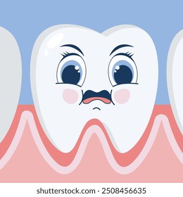 An evil cartoon tooth growing out of the gum. The oral cavity. The concept of pediatric dentistry.