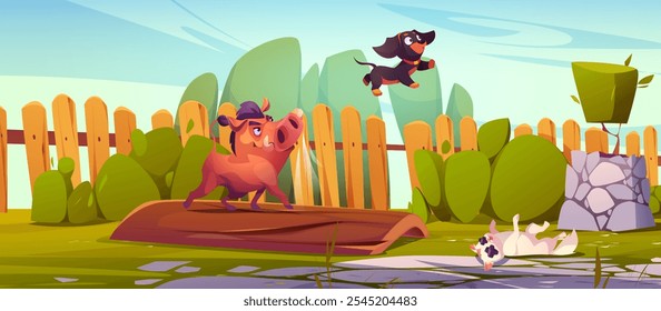 Evil cartoon warthog standing on wooden board in fenced backyard throws dachshund dog while white cat lying down with crossed eyes. Garden scenery with angry brown wild warthog with confused pets.