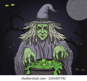 Evil cartoon witch with cauldron. Vector clip art illustration. EPS