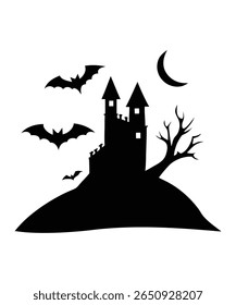  Castelo do Mal na Colina com Morcegos, Lua Crescente e Árvores Mortas Silhueta de Halloween