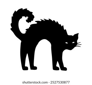 Gato malvado. Silhueta animal. Ilustração gráfica com forro. Clipart de contorno preto para Halloween. Desenho isolado desenhado à mão. Elemento de animal de estimação para uma decoração assustadora. Predador noturno bonito. Estilo Doodle simples.