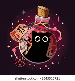 Fantasma de Gato Malvado Preso em Garrafa Mágica Rosa Encantado com Encantos e Aviso Lable. Halloween Ilustração Brilhante.