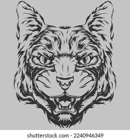 Evil cat isolated illustration. Black color on white background image. Wild animal design tattoo.